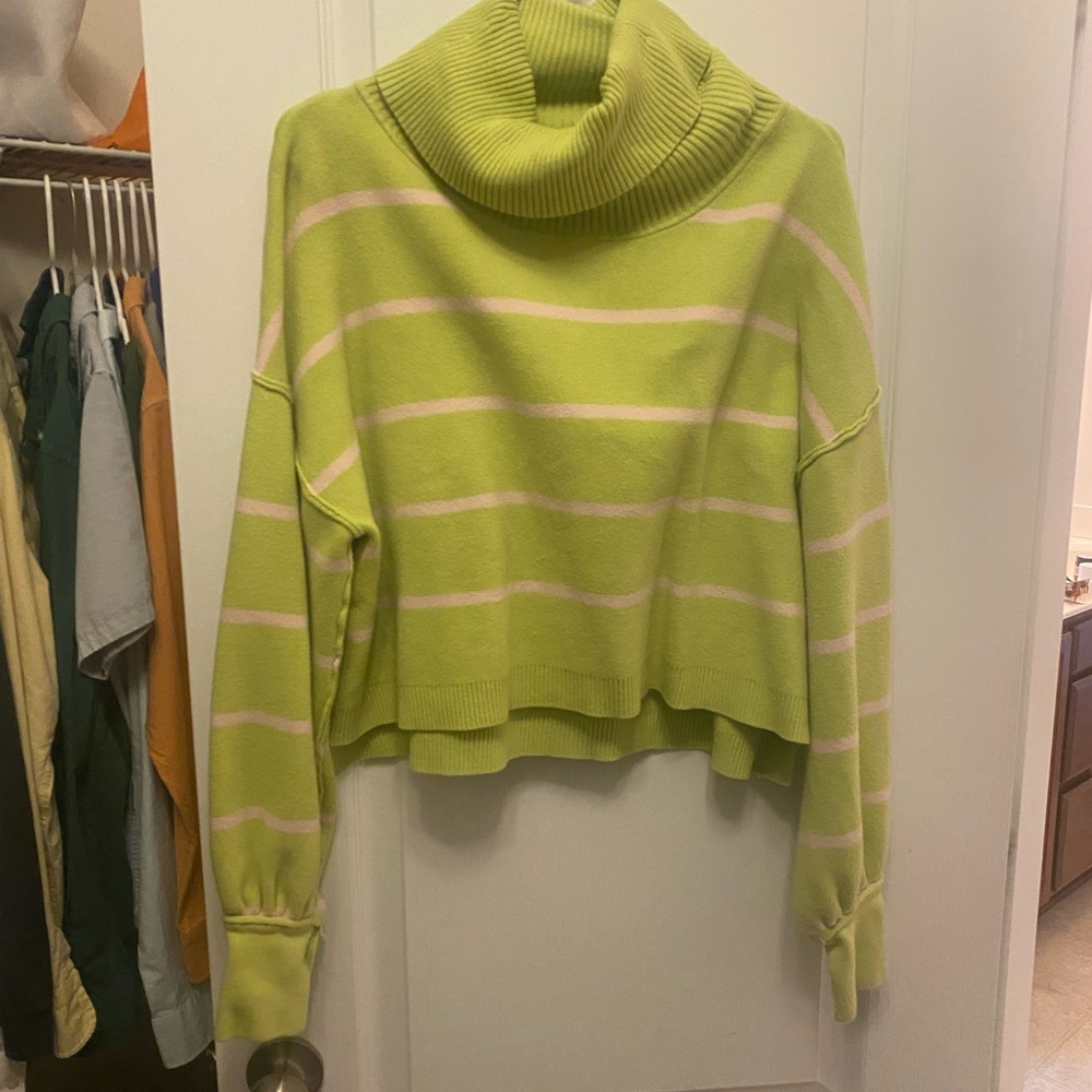 Free People Green Striped Turtleneck Sweater